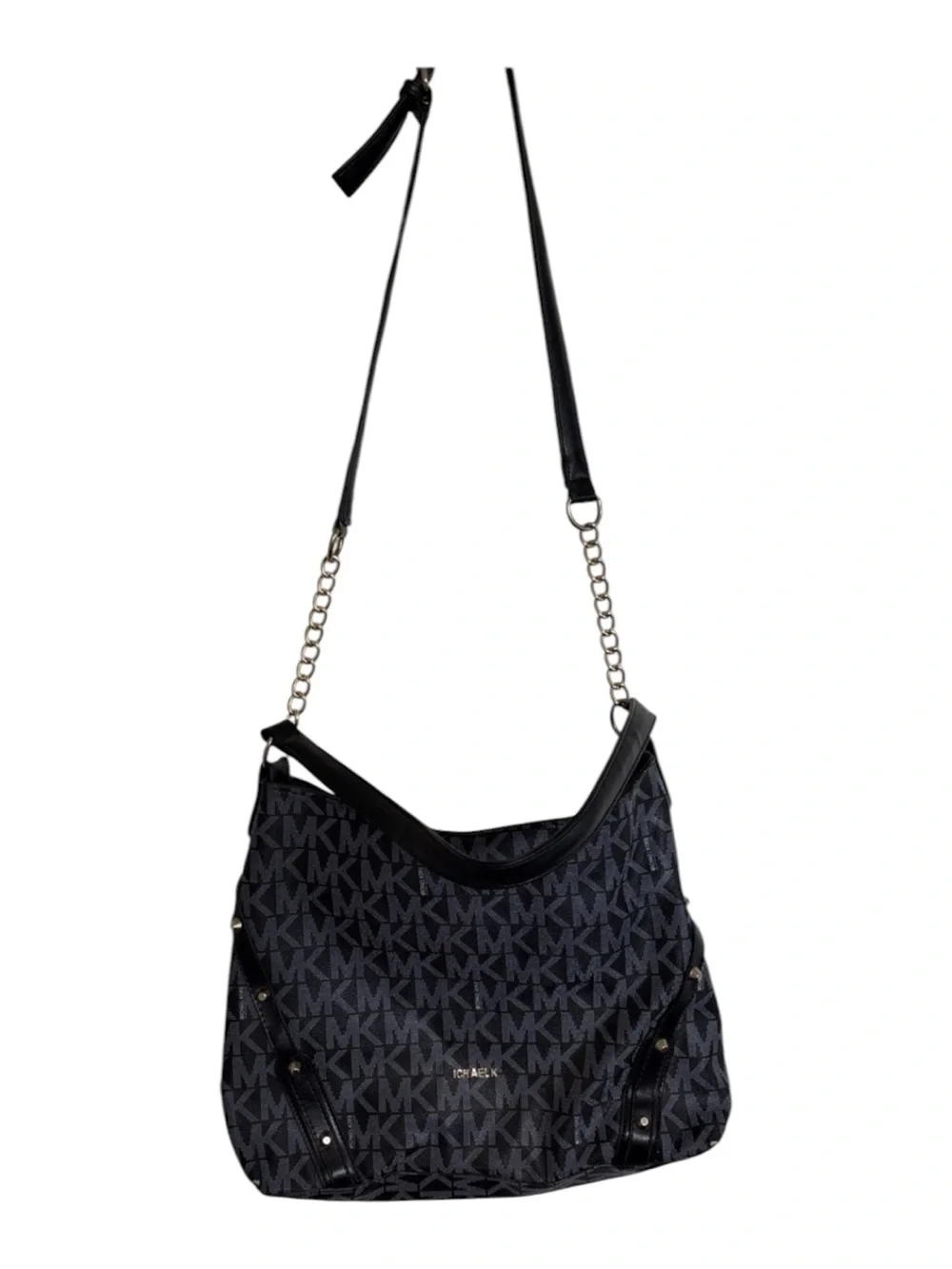 Michael Kors MK Monogram Black Gray Hobo Shoulder Bag Chain Strap